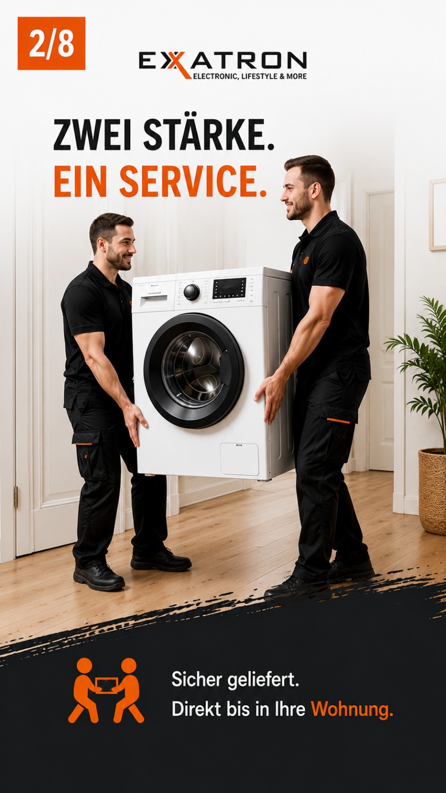 Zwei Starke, ein Service: zwei Mitarbeiter tragen eine Waschmaschine in die Wohnung