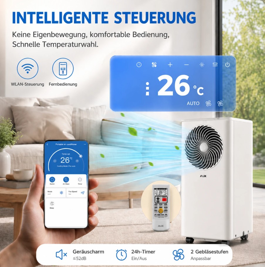 !!!Aktion!!! AUX AM-09B6C4 Mobiles Klimagerät für Räume bis zu 35 m², 2,6 kW, Weiß