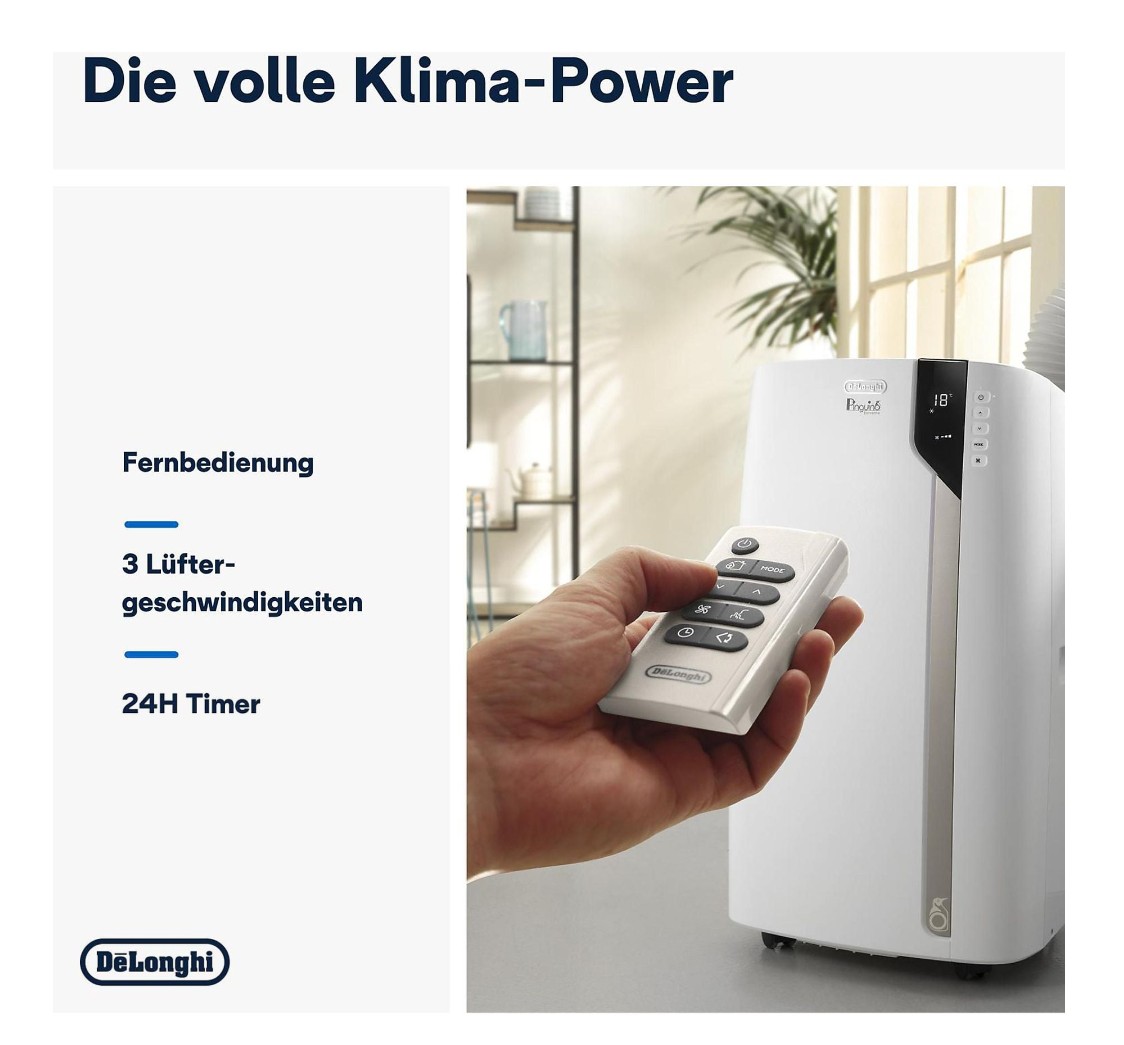 De'Longhi Pinguino PAC EX93 Mobiles Klimagerät für Räume bis zu 34m², Weiß
