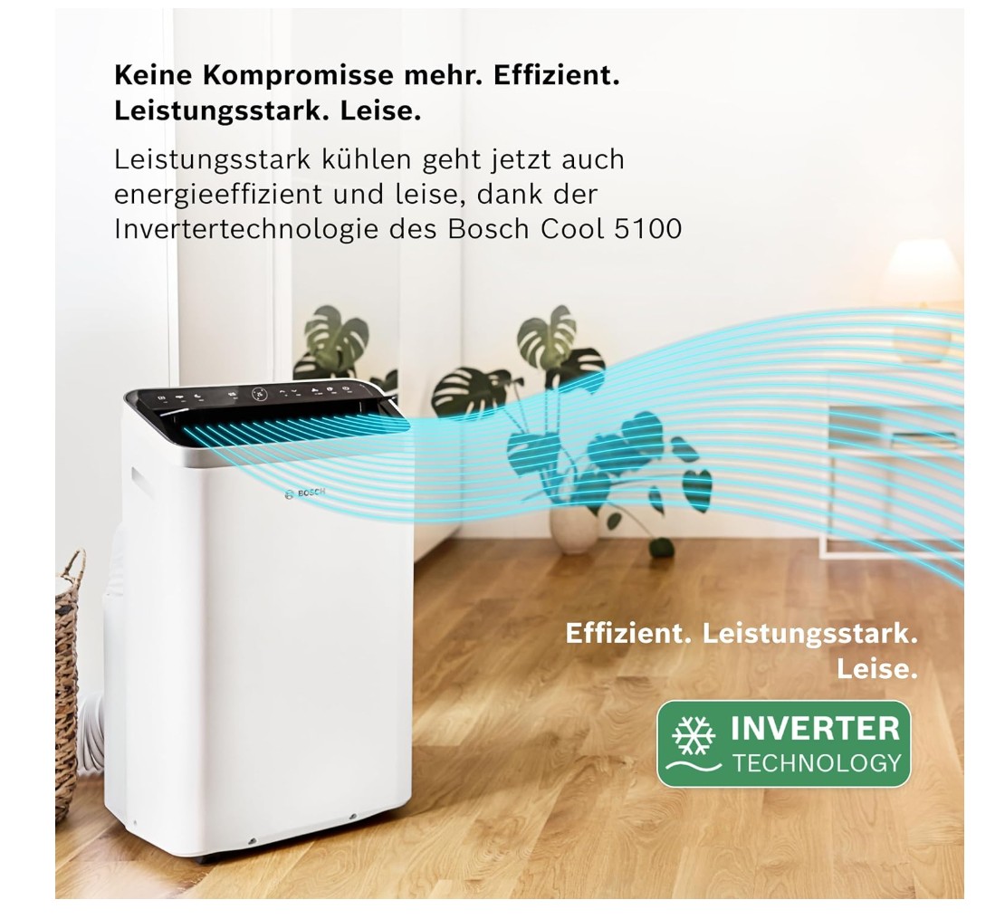 Bosch Cool 5100 Mobiles Klimagerät für Räume bis zu 46 m², 3,4 kW, Weiß