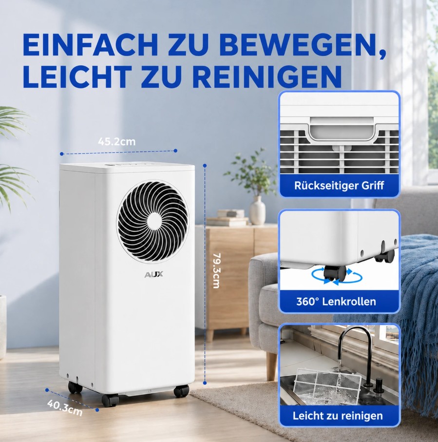 !!!Aktion!!! AUX AM-09B6C4 Mobiles Klimagerät für Räume bis zu 35 m², 2,6 kW, Weiß